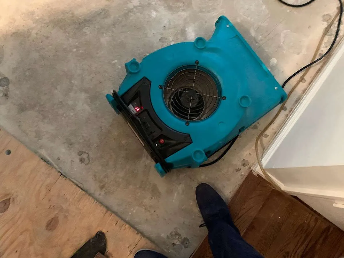 Air mover drying subfloor during Leak Detection & Repair in Carroll